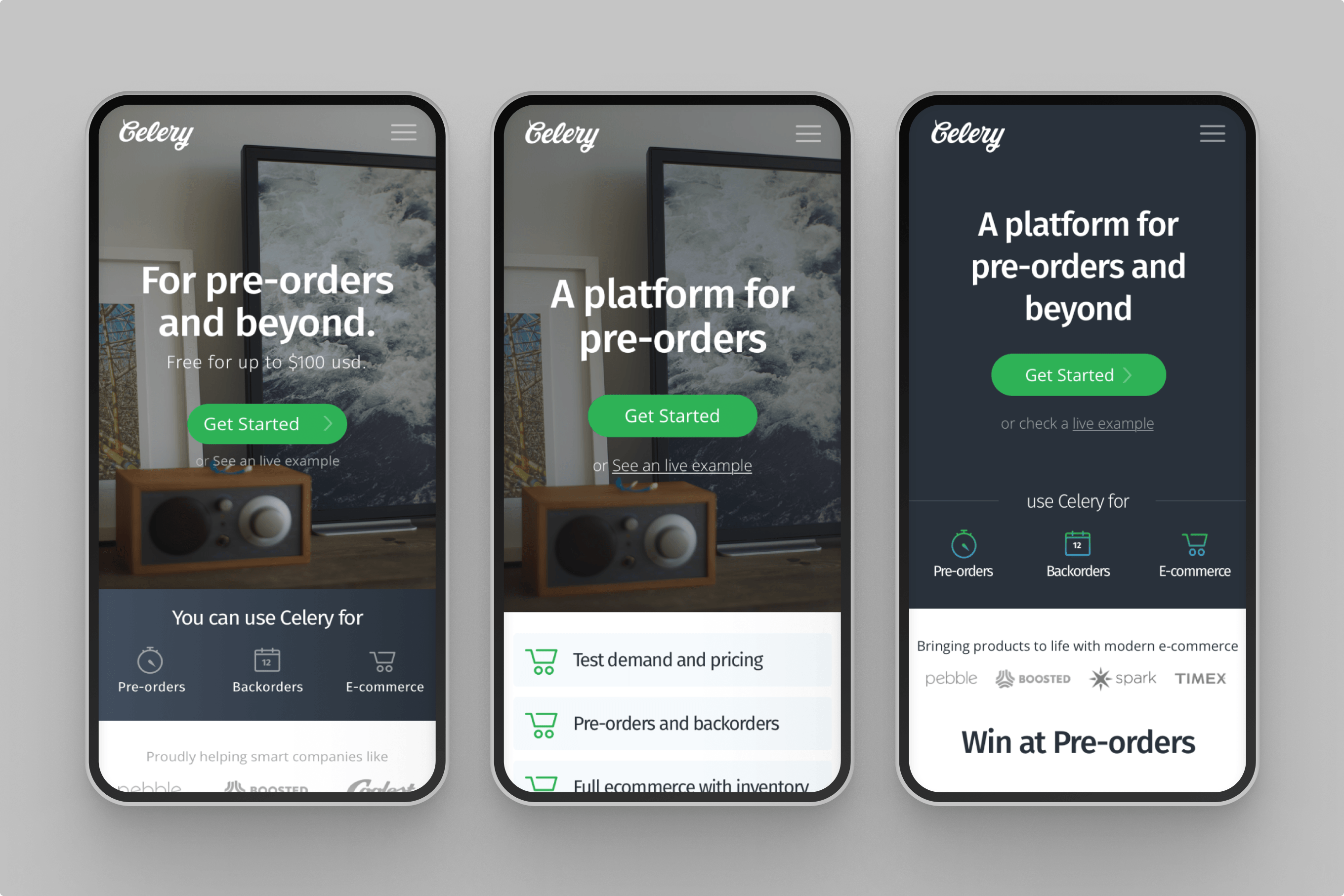 Mobile-first marketing explorations — testing different messaging hierarchies to communicate three core use cases.