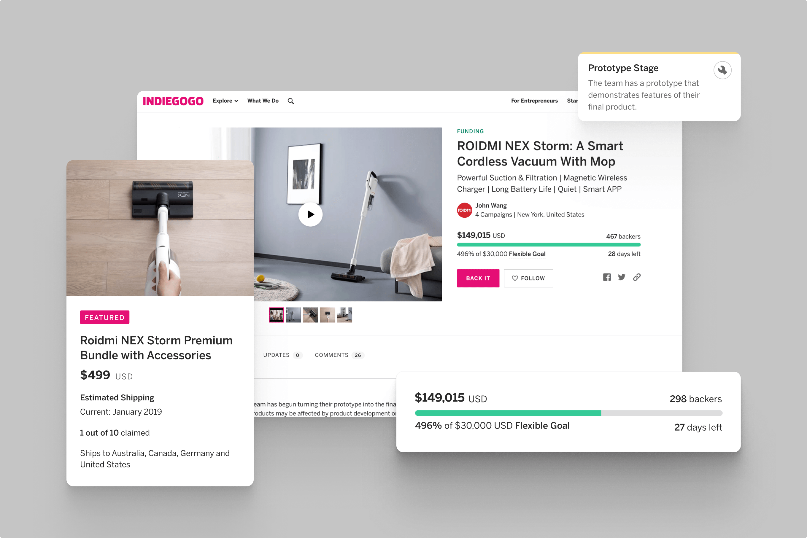 Component details — production stage indicators, perk cards, and funding progress at a glance.